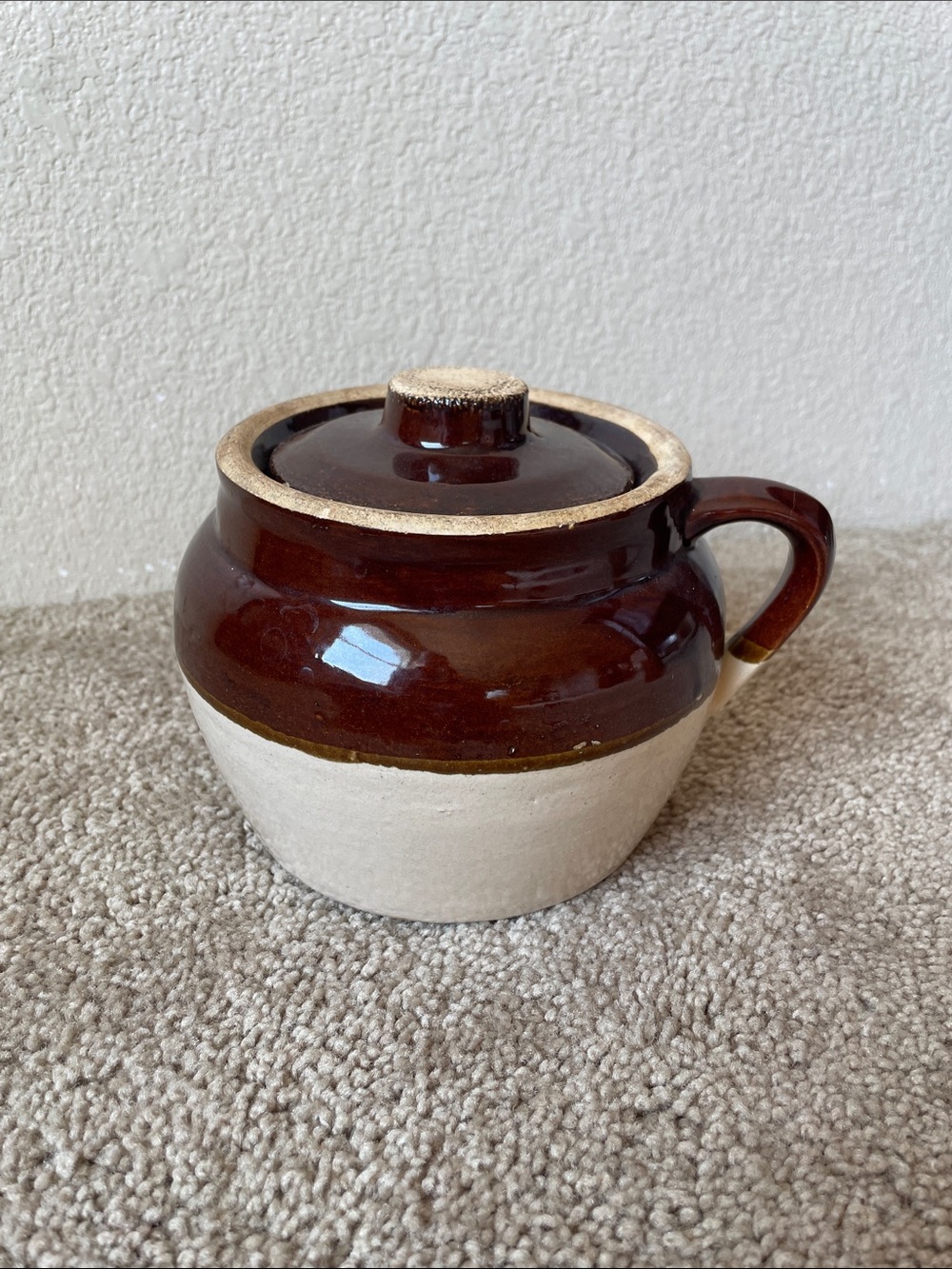 Vintage Stoneware Bean Pot With Lid Covered Casserole Brown and Cream Ceramic